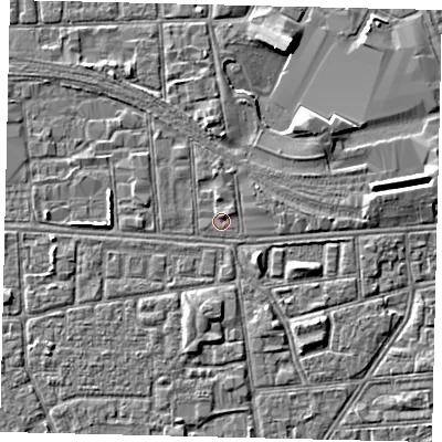 Shaded relief map of the ground around HU32JL, computed from Environment Agency LiDAR. The ground here sits at about 3 m above sea level and falls 4 m across the surrounding 800 m. Surface water reaching this point runs off ground lying to the north-north-east, 1.0 m higher.