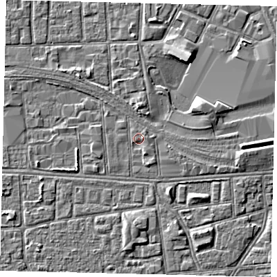 Shaded relief map of the ground around HU32JR, computed from Environment Agency LiDAR. The ground here sits at about 3 m above sea level and falls 4 m across the surrounding 800 m. Surface water reaching this point runs off ground lying to the east, 0.8 m higher.