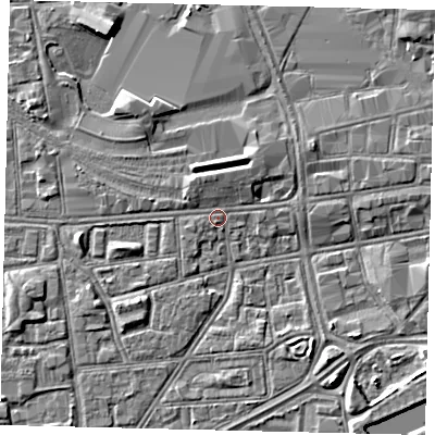 Shaded relief map of the ground around HU32LL, computed from Environment Agency LiDAR. The ground here sits at about 3 m above sea level and falls 4 m across the surrounding 800 m. Surface water reaching this point runs off ground lying to the south-east, 2.4 m higher.