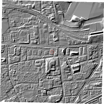 Shaded relief map of the ground around HU32LT, computed from Environment Agency LiDAR. The ground here sits at about 3 m above sea level and falls 4 m across the surrounding 800 m. Surface water reaching this point runs off ground lying to the south, 1.7 m higher.