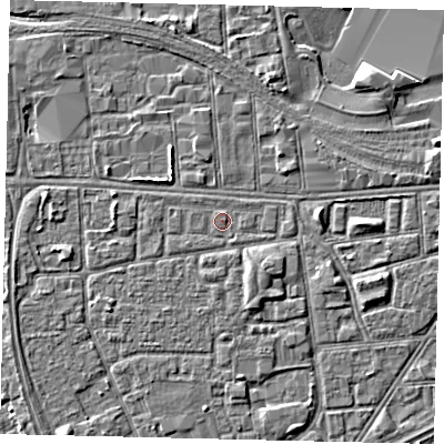 Shaded relief map of the ground around HU32LU, computed from Environment Agency LiDAR. The ground here sits at about 3 m above sea level and falls 3 m across the surrounding 800 m. The ground contributing surface water to this point lies to the south-west.