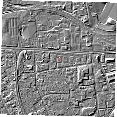 Shaded relief map of the ground around HU32LZ, computed from Environment Agency LiDAR. The ground here sits at about 3 m above sea level and falls 4 m across the surrounding 800 m. Surface water reaching this point runs off ground lying to the west, 1.1 m higher.