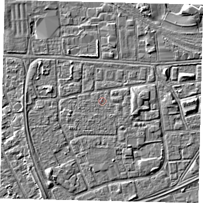 Shaded relief map of the ground around HU32NA, computed from Environment Agency LiDAR. The ground here sits at about 3 m above sea level and falls 3 m across the surrounding 800 m. The ground contributing surface water to this point lies to the east-south-east.