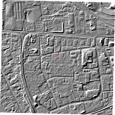 Shaded relief map of the ground around HU32NB, computed from Environment Agency LiDAR. The ground here sits at about 3 m above sea level and falls 3 m across the surrounding 800 m. The ground contributing surface water to this point lies to the west-south-west.