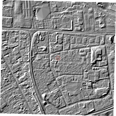 Shaded relief map of the ground around HU32ND, computed from Environment Agency LiDAR. The ground here sits at about 3 m above sea level and falls 3 m across the surrounding 800 m. Surface water reaching this point runs off ground lying to the south-south-west, 1.0 m higher.