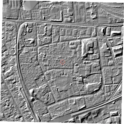 Shaded relief map of the ground around HU32NE, computed from Environment Agency LiDAR. The ground here sits at about 3 m above sea level and falls 3 m across the surrounding 800 m. The ground contributing surface water to this point lies to the west-north-west.