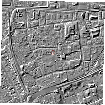 Shaded relief map of the ground around HU32NJ, computed from Environment Agency LiDAR. The ground here sits at about 3 m above sea level and falls 3 m across the surrounding 800 m. The ground contributing surface water to this point lies to the south-south-east.