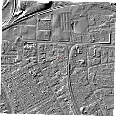Shaded relief map of the ground around HU32NS, computed from Environment Agency LiDAR. The ground here sits at about 3 m above sea level and falls 6 m across the surrounding 800 m. Surface water reaching this point runs off ground lying to the south-east, 0.5 m higher.