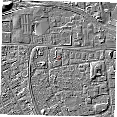 Shaded relief map of the ground around HU32NT, computed from Environment Agency LiDAR. The ground here sits at about 3 m above sea level and falls 6 m across the surrounding 800 m. Surface water reaching this point runs off ground lying to the west-north-west, 1.1 m higher.
