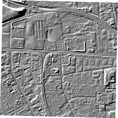 Shaded relief map of the ground around HU32PF, computed from Environment Agency LiDAR. The ground here sits at about 3 m above sea level and falls 6 m across the surrounding 800 m. Surface water reaching this point runs off ground lying to the south-south-east, 1.4 m higher.