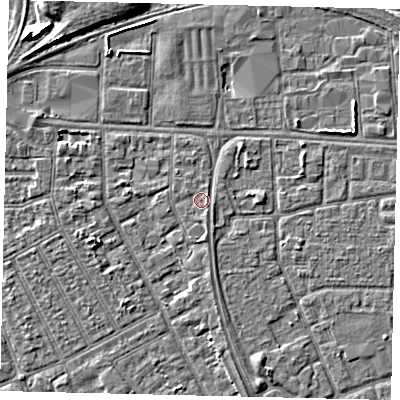 Shaded relief map of the ground around HU32PN, computed from Environment Agency LiDAR. The ground here sits at about 3 m above sea level and falls 6 m across the surrounding 800 m. Surface water reaching this point runs off ground lying to the south, 0.9 m higher.