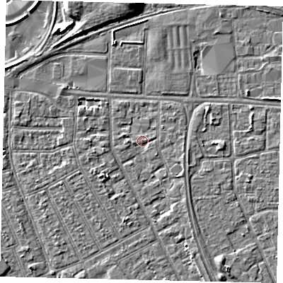 Shaded relief map of the ground around HU32PT, computed from Environment Agency LiDAR. The ground here sits at about 3 m above sea level and falls 6 m across the surrounding 800 m. Surface water reaching this point runs off ground lying to the east-north-east, 0.7 m higher.