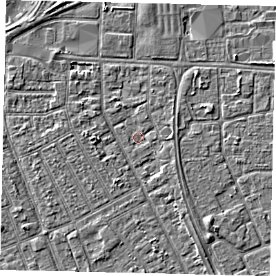 Shaded relief map of the ground around HU32PX, computed from Environment Agency LiDAR. The ground here sits at about 2 m above sea level and falls 3 m across the surrounding 800 m. Surface water reaching this point runs off ground lying to the east, 1.6 m higher.