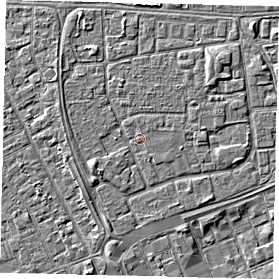 Shaded relief map of the ground around HU32PZ, computed from Environment Agency LiDAR. The ground here sits at about 3 m above sea level and falls 3 m across the surrounding 800 m. The ground contributing surface water to this point lies to the south-east.