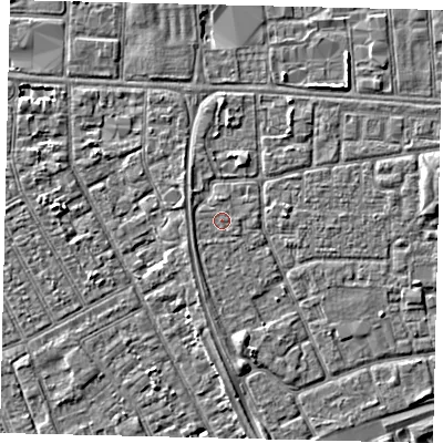 Shaded relief map of the ground around HU32QE, computed from Environment Agency LiDAR. The ground here sits at about 3 m above sea level and falls 3 m across the surrounding 800 m. Surface water reaching this point runs off ground lying to the west, 0.6 m higher.