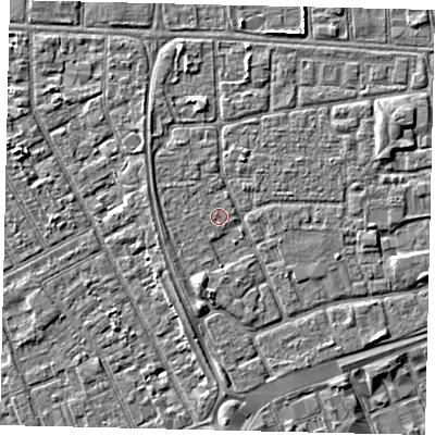 Shaded relief map of the ground around HU32QL, computed from Environment Agency LiDAR. The ground here sits at about 3 m above sea level and falls 3 m across the surrounding 800 m. The ground contributing surface water to this point lies to the south.