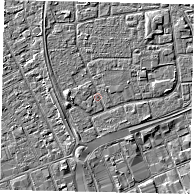 Shaded relief map of the ground around HU32QT, computed from Environment Agency LiDAR. The ground here sits at about 3 m above sea level and falls 3 m across the surrounding 800 m. Surface water reaching this point runs off ground lying to the west, 1.7 m higher.