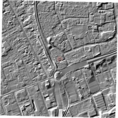 Shaded relief map of the ground around HU32QU, computed from Environment Agency LiDAR. The ground here sits at about 3 m above sea level and falls 5 m across the surrounding 800 m. The ground contributing surface water to this point lies to the west.