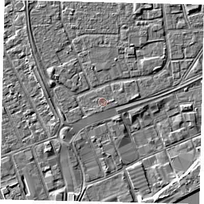 Shaded relief map of the ground around HU32QY, computed from Environment Agency LiDAR. The ground here sits at about 3 m above sea level and falls 5 m across the surrounding 800 m. The ground contributing surface water to this point lies to the south.