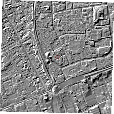 Shaded relief map of the ground around HU32QZ, computed from Environment Agency LiDAR. The ground here sits at about 3 m above sea level and falls 3 m across the surrounding 800 m. Surface water reaching this point runs off ground lying to the west, 1.0 m higher.
