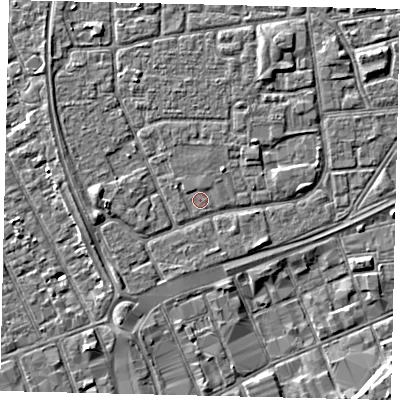 Shaded relief map of the ground around HU32RA, computed from Environment Agency LiDAR. The ground here sits at about 3 m above sea level and falls 4 m across the surrounding 800 m. Surface water reaching this point runs off ground lying to the west-north-west, 0.5 m higher.