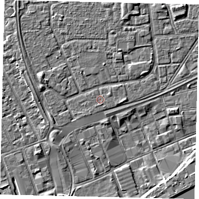Shaded relief map of the ground around HU32RB, computed from Environment Agency LiDAR. The ground here sits at about 3 m above sea level and falls 4 m across the surrounding 800 m. Surface water reaching this point runs off ground lying to the east-north-east, 0.7 m higher.