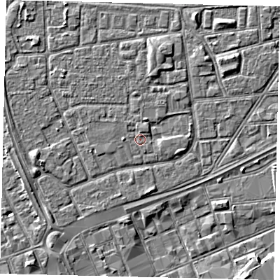 Shaded relief map of the ground around HU32RF, computed from Environment Agency LiDAR. The ground here sits at about 3 m above sea level and falls 4 m across the surrounding 800 m. Surface water reaching this point runs off ground lying to the west, 0.8 m higher.