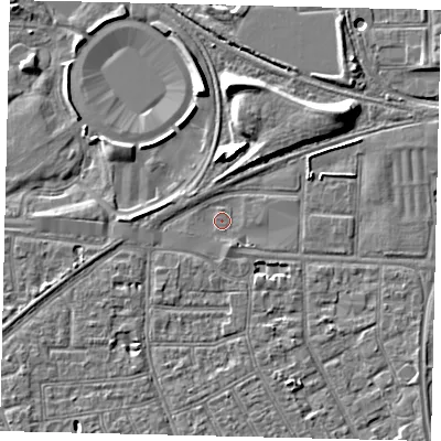 Shaded relief map of the ground around HU32RP, computed from Environment Agency LiDAR. The ground here sits at about 2 m above sea level and falls 8 m across the surrounding 800 m. Surface water reaching this point runs off ground lying to the east-north-east, 2.1 m higher.
