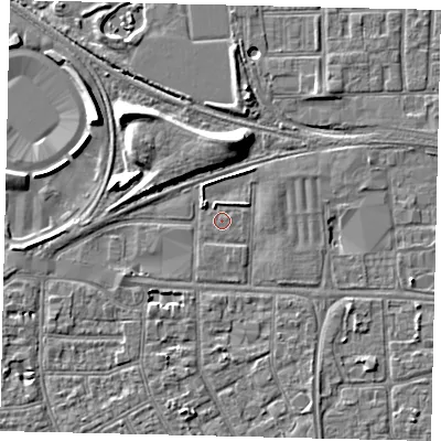 Shaded relief map of the ground around HU32RT, computed from Environment Agency LiDAR. The ground here sits at about 3 m above sea level and falls 8 m across the surrounding 800 m. Surface water reaching this point runs off ground lying to the north-north-west, 1.0 m higher.