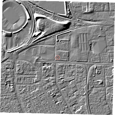 Shaded relief map of the ground around HU32RW, computed from Environment Agency LiDAR. The ground here sits at about 3 m above sea level and falls 8 m across the surrounding 800 m. Surface water reaching this point runs off ground lying to the north-north-east, 1.7 m higher.