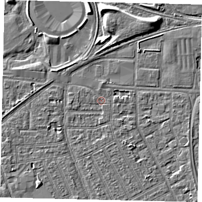 Shaded relief map of the ground around HU32SA, computed from Environment Agency LiDAR. The ground here sits at about 2 m above sea level and falls 8 m across the surrounding 800 m. Surface water reaching this point runs off ground lying to the east-north-east, 1.8 m higher.