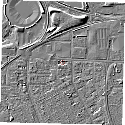 Shaded relief map of the ground around HU32SB, computed from Environment Agency LiDAR. The ground here sits at about 2 m above sea level and falls 8 m across the surrounding 800 m. Surface water reaching this point runs off ground lying to the south-west, 1.8 m higher.