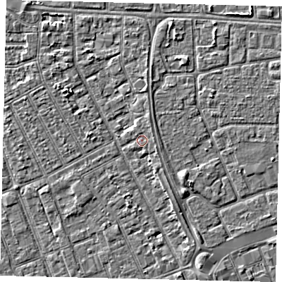 Shaded relief map of the ground around HU32SZ, computed from Environment Agency LiDAR. The ground here sits at about 3 m above sea level and falls 3 m across the surrounding 800 m. Surface water reaching this point runs off ground lying to the east, 0.9 m higher.