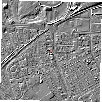 Shaded relief map of the ground around HU32TA, computed from Environment Agency LiDAR. The ground here sits at about 2 m above sea level and falls 6 m across the surrounding 800 m. Surface water reaching this point runs off ground lying to the south-south-east, 2.8 m higher.