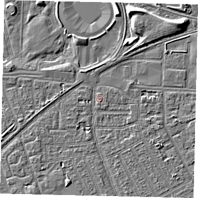 Shaded relief map of the ground around HU32TE, computed from Environment Agency LiDAR. The ground here sits at about 3 m above sea level and falls 8 m across the surrounding 800 m. Surface water reaching this point runs off ground lying to the east, 1.8 m higher.