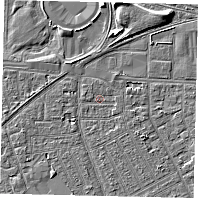 Shaded relief map of the ground around HU32TF, computed from Environment Agency LiDAR. The ground here sits at about 2 m above sea level and falls 8 m across the surrounding 800 m. Surface water reaching this point runs off ground lying to the north, 0.9 m higher.