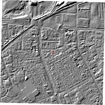 Shaded relief map of the ground around HU32TN, computed from Environment Agency LiDAR. The ground here sits at about 2 m above sea level and falls 6 m across the surrounding 800 m. Surface water reaching this point runs off ground lying to the east-north-east, 0.9 m higher.