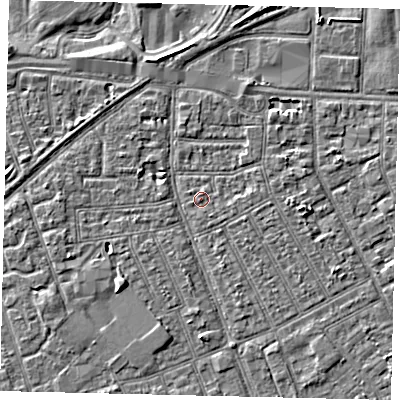 Shaded relief map of the ground around HU32TP, computed from Environment Agency LiDAR. The ground here sits at about 3 m above sea level and falls 5 m across the surrounding 800 m. Surface water reaching this point runs off ground lying to the north-north-west, 2.8 m higher.