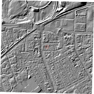 Shaded relief map of the ground around HU32TQ, computed from Environment Agency LiDAR. The ground here sits at about 2 m above sea level and falls 6 m across the surrounding 800 m. Surface water reaching this point runs off ground lying to the east-south-east, 1.0 m higher.