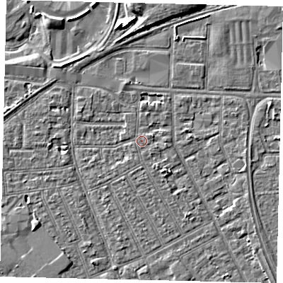 Shaded relief map of the ground around HU32TR, computed from Environment Agency LiDAR. The ground here sits at about 3 m above sea level and falls 6 m across the surrounding 800 m. Surface water reaching this point runs off ground lying to the east-south-east, 0.6 m higher.