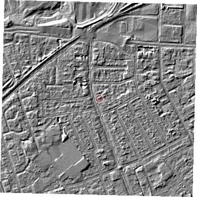 Shaded relief map of the ground around HU32TS, computed from Environment Agency LiDAR. The ground here sits at about 2 m above sea level and falls 3 m across the surrounding 800 m. Surface water reaching this point runs off ground lying to the north, 2.8 m higher.