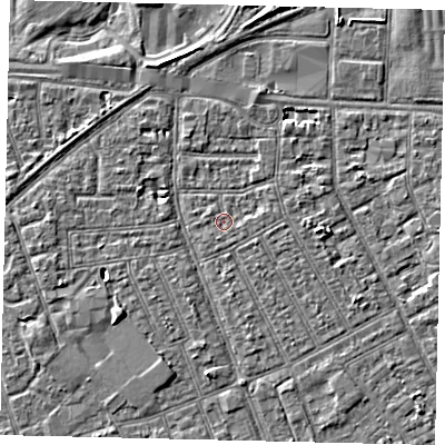 Shaded relief map of the ground around HU32TW, computed from Environment Agency LiDAR. The ground here sits at about 2 m above sea level and falls 4 m across the surrounding 800 m. Surface water reaching this point runs off ground lying to the south-south-west, 0.6 m higher.
