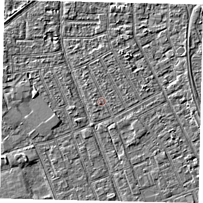 Shaded relief map of the ground around HU32UB, computed from Environment Agency LiDAR. The ground here sits at about 2 m above sea level and falls 3 m across the surrounding 800 m. Surface water reaching this point runs off ground lying to the north, 0.8 m higher.