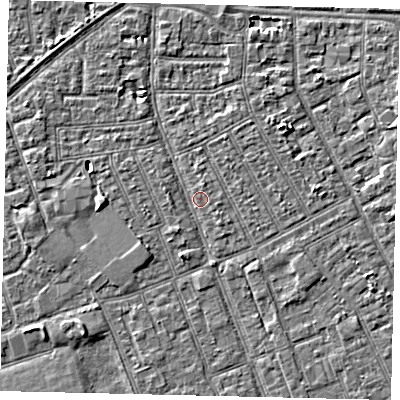 Shaded relief map of the ground around HU32UD, computed from Environment Agency LiDAR. The ground here sits at about 2 m above sea level and falls 3 m across the surrounding 800 m. Surface water reaching this point runs off ground lying to the west, 2.5 m higher.