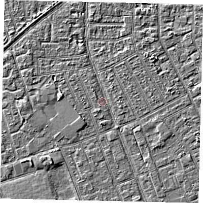 Shaded relief map of the ground around HU32UF, computed from Environment Agency LiDAR. The ground here sits at about 2 m above sea level and falls 3 m across the surrounding 800 m. Surface water reaching this point runs off ground lying to the west, 2.2 m higher.