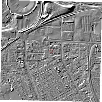 Shaded relief map of the ground around HU32UG, computed from Environment Agency LiDAR. The ground here sits at about 3 m above sea level and falls 8 m across the surrounding 800 m. Surface water reaching this point runs off ground lying to the south-south-east, 0.7 m higher.