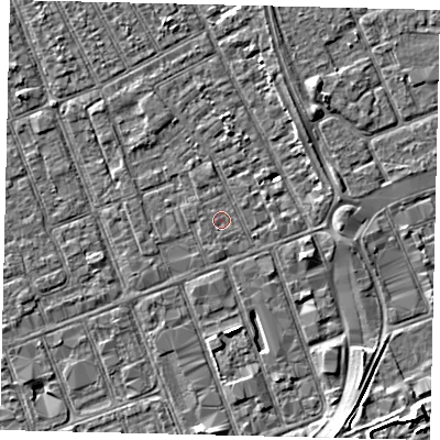 Shaded relief map of the ground around HU33BB, computed from Environment Agency LiDAR. The ground here sits at about 3 m above sea level and falls 6 m across the surrounding 800 m. The ground contributing surface water to this point lies to the south-south-west.