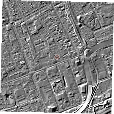 Shaded relief map of the ground around HU33BD, computed from Environment Agency LiDAR. The ground here sits at about 3 m above sea level and falls 6 m across the surrounding 800 m. The ground contributing surface water to this point lies to the north-west.
