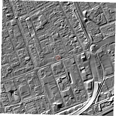 Shaded relief map of the ground around HU33BG, computed from Environment Agency LiDAR. The ground here sits at about 3 m above sea level and falls 6 m across the surrounding 800 m. Surface water reaching this point runs off ground lying to the south, 3.9 m higher.