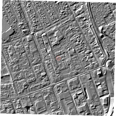 Shaded relief map of the ground around HU33BL, computed from Environment Agency LiDAR. The ground here sits at about 3 m above sea level and falls 3 m across the surrounding 800 m. Surface water reaching this point runs off ground lying to the east-north-east, 0.8 m higher.